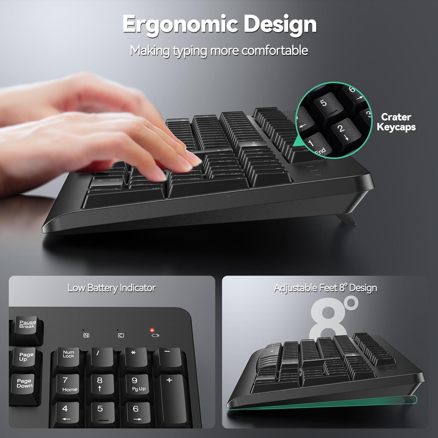 TECKNET Wireless Keyboard, 2.4G Silent Full-Size USB Keyboard with Number Pad, Ergonomic Keys & Foldable Feet, Compatible with Laptop, PC, Desktop, Surface, Windows 11/10/8/7 – QWERTY US Layout, Black