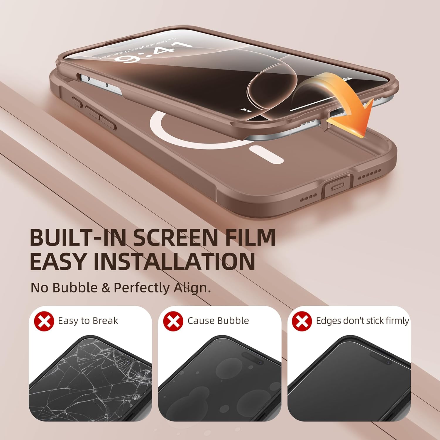 BERFY Magnetic for iPhone 16 Pro Max Case, Compatible with MagSafe, [Built-in 9H Tempered Glass Screen Protector & Camera Protection] Full Body Translucent Matte Phone case for 16 Pro Max, Brown