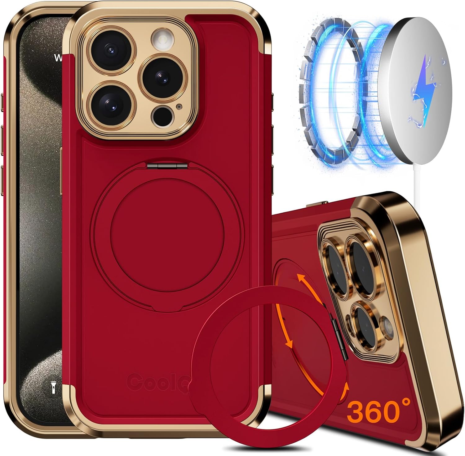 COOLQO for iPhone 14 Pro Max Case 6.7'' Upgraded 360° Spin Magnetic Stand [Compatible with Magsafe][Military Protection] Shockproof Protective Phone Holder Cover for iPhone 14 Pro Max, Red Gold