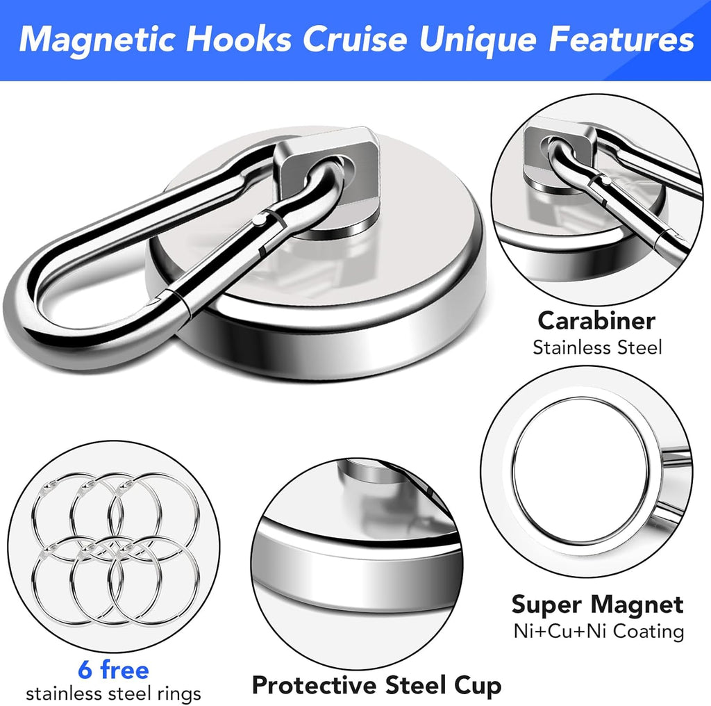 LOVIMAG Magnetic Hooks Heavy Duty, 150LBS Super Strong Magnet Hooks Magnetic Hook Cruise, Neodymium Magnets with Swivel Carabiner Hook for Hanging, Kitchen, Cruise Cabins, Grill, Tool Room-6 Pack