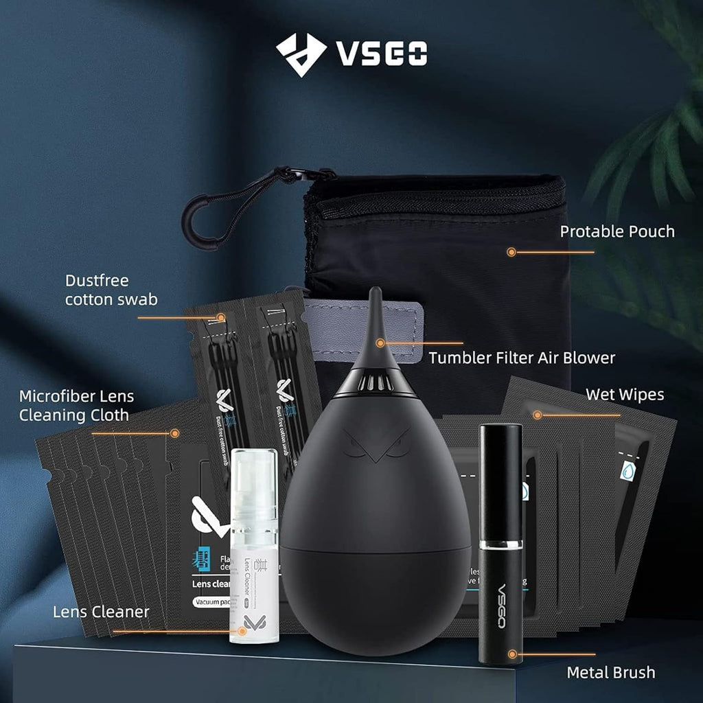 VSGO Professional Lens Cleaning Kit with Air Blower Folding Pouch Microfiber Lens Cloth Wet Wipes Lens Cleaner Metal Brush Cotton Swab Compatible for Optical Camera Lens Phone Laptop Cleaning(VS-A2E)