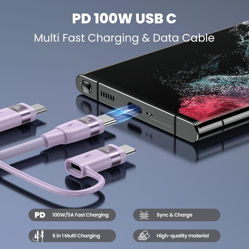 100W USB C Multi Charging Cable, USAMS 6.6FT 5-in-1 5A Fast Sync Charger Adapter Nylon Braided Type-C Cable for Laptop/Tablet/Phone and More
