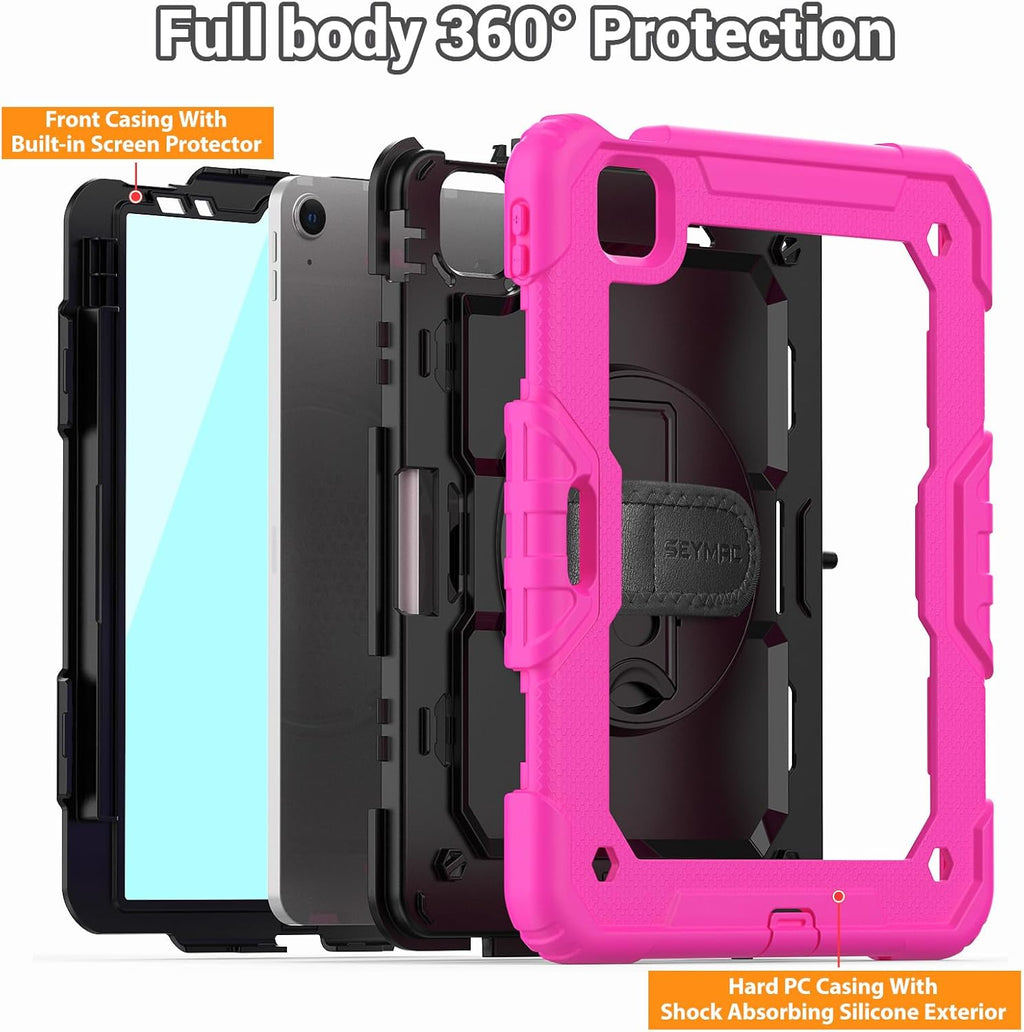 SEYMAC for iPad Air 5th/ 4th Generation Case 10.9 Inch, Full-Body Shockproof Protective Case with Screen Protector, Rotating Stand/Handle/Shoulder Strap for iPad Air 5/ Air 4, Black/Pink