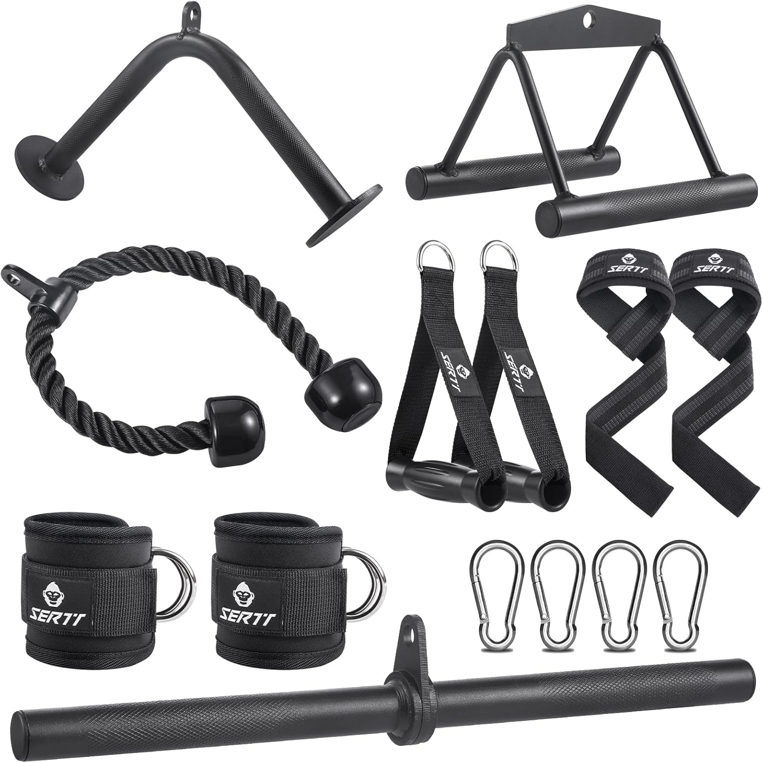 SERTT Workout Cable Machine Attachment for Home Gym, LAT Pulldown Attachments, Cable Accessories for Weight Training, Straight Pull Down Bar, Tricep Rope, Double D Row Handle, V-Shaped Bar