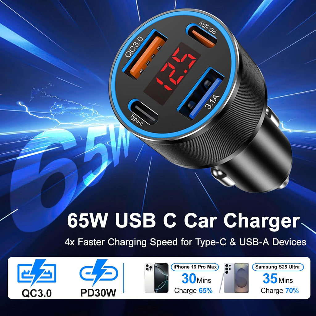 USB C Car Charger,2Pack 65W 4 Port Fast Charging Car Phone Charger with Voltage Display,Multi Port Cigarette Lighter Adapter USB Chargers for iPhone 16 15 14 13 Pro Max,Galaxy S25,iPad,Pixel,Android