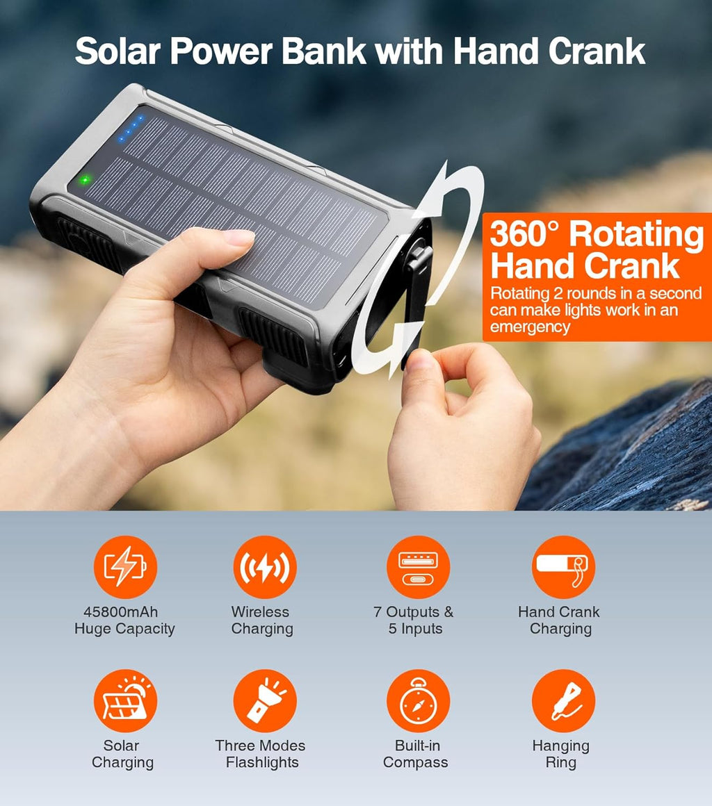 GOODaaa Power Bank Wireless Charger 45800mAh Built in Hand Crank and 4 Cables 15W Fast Charging Power Bank 7 Outputs & 4 Inputs Solar Portable Charger, SOS/Strobe/Strong Flashlights, Compass