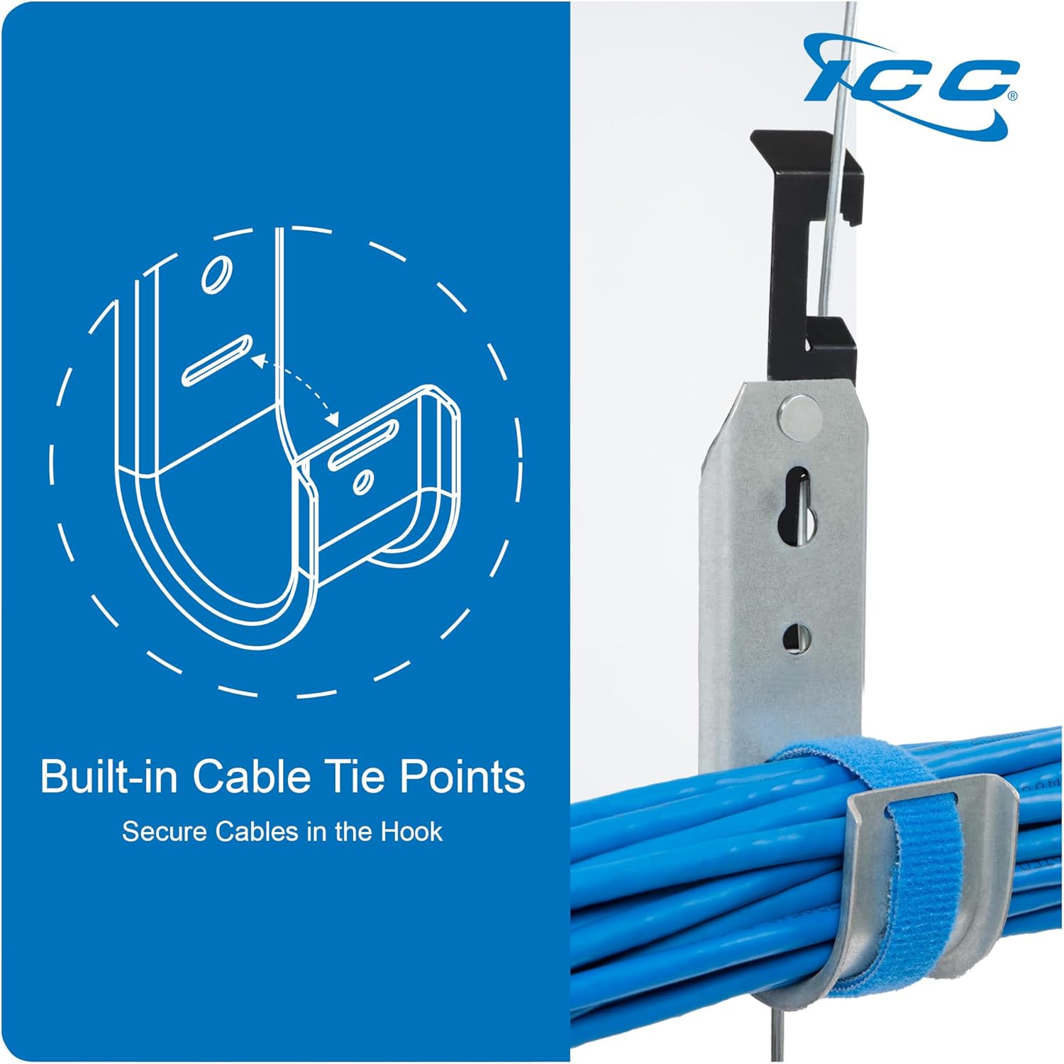 ICC Batwing J Hook 2” with Retainer Clip - Galvanized Steel Cable Management Hooks for Hanging Cable to Hanger Wire and Threaded Rod - Rust-Resistant, EIA and TIA Compliant - 2 Inch 25 Pack