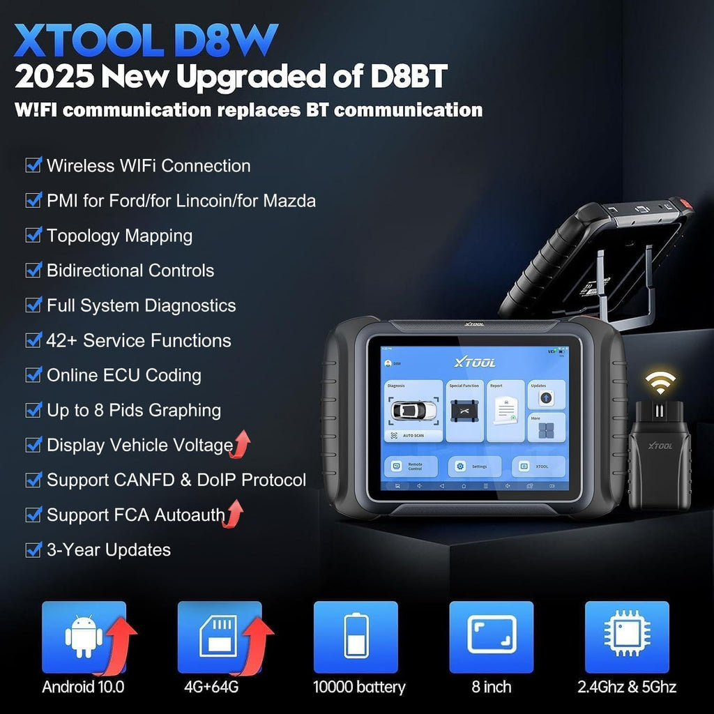XTOOL D8W OBD2 Scanner Diagnostic Tool Wireless Bidirectional Scan Tool with Topology, ECU Coding, 42 Reset, Active Tests, Crankshaft Relearn, All System PMI, CANFD/DoIP FCA, 3-Yr Update
