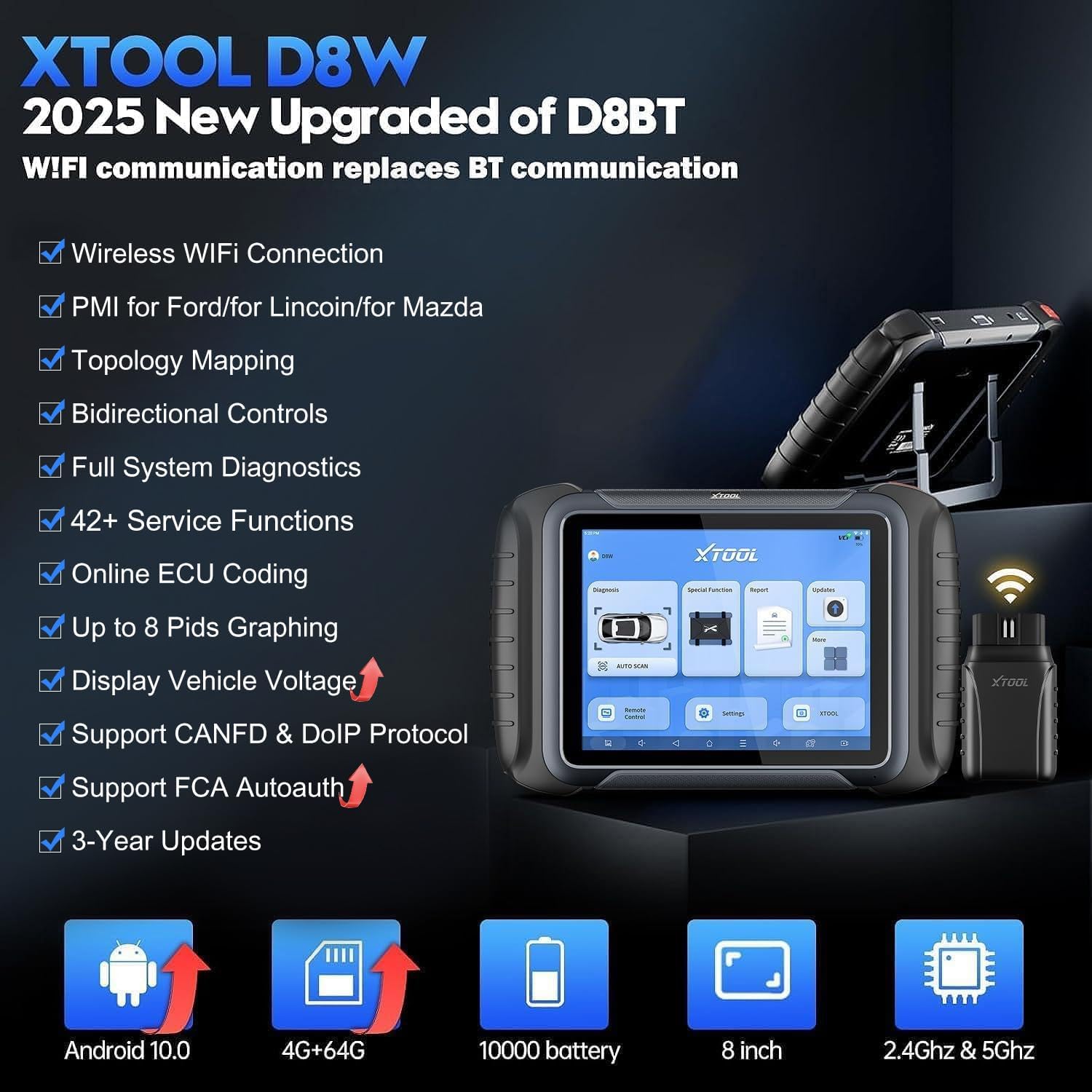 XTOOL D8W OBD2 Scanner Diagnostic Tool Wireless Bidirectional Scan Tool with Topology, ECU Coding, 42 Reset, Active Tests, Crankshaft Relearn, All System PMI, CANFD/DoIP FCA, 3-Yr Update