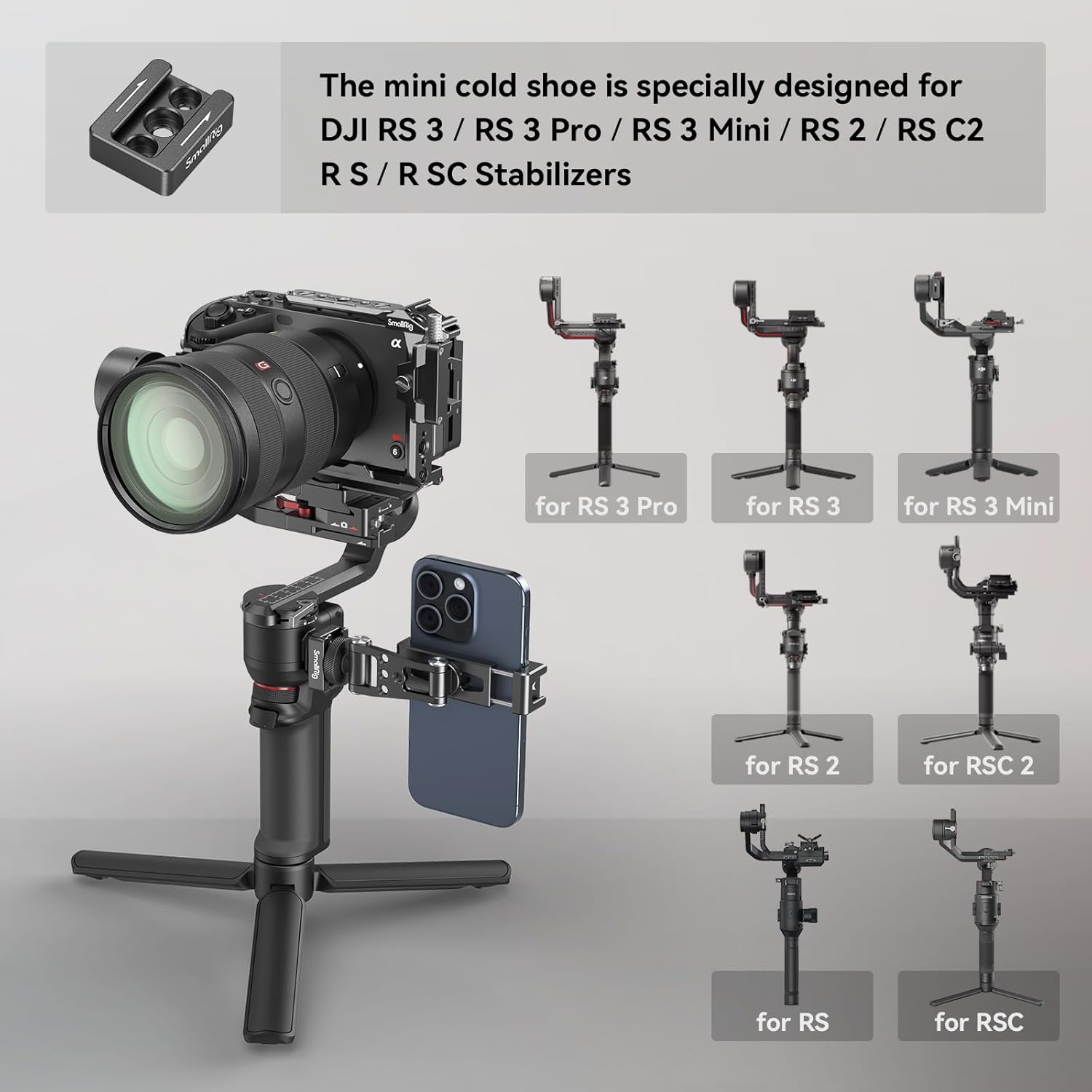 SMALLRIG Universal Phone Tripod Mount, Metal Cell Phone Mount with Cold Shoe Mount and M4 Screws for DJI RS 4 Mini/Pro, Free Adjustment Phone Mount Adapter for iPhone 17 16, for Samsung Galaxy- 4301