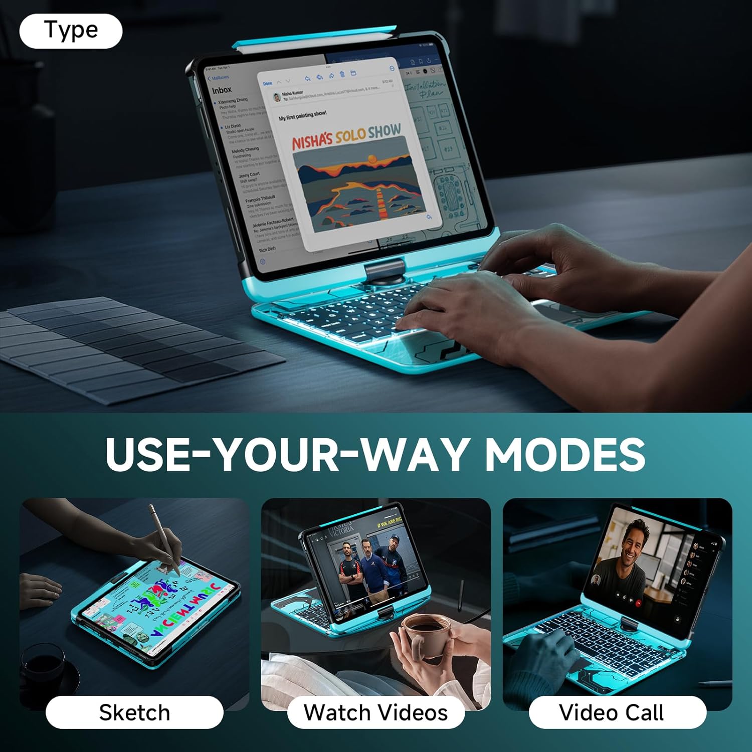 Transparent Case with Keyboard iPad Air (M3/M2,2025/2024) 11 Inch,Compatible 10.9" iPad Air 5th/4th & 11" iPad Pro 4/3/2/1,7-Color Backlit,Wireless Keyboard, 360°Rotating,with trackpad,Blue