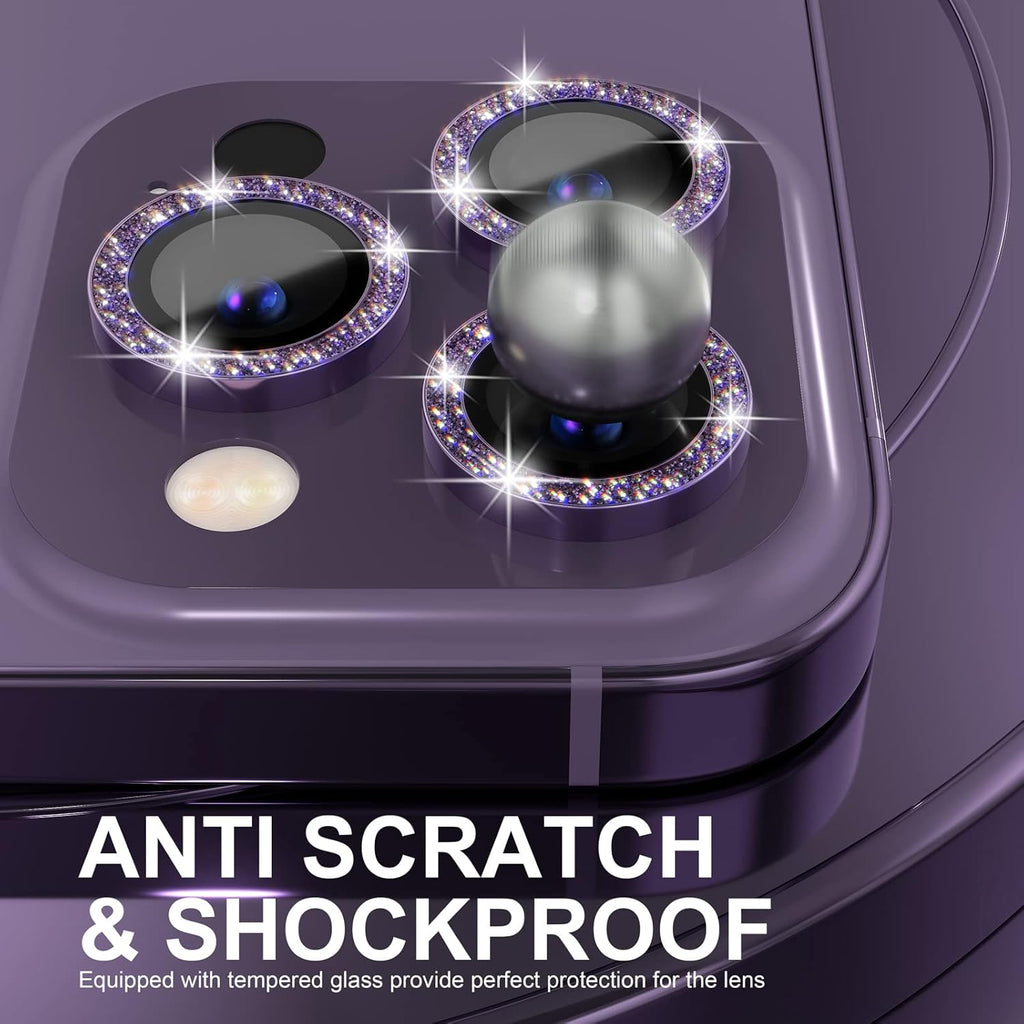 Choiche [3+1 for iPhone 14 Pro/iPhone 14 Pro Max Camera Lens Protector Bling, 9H Tempered Glass Camera Cover Screen Protector Metal Ring Decoration Accessories (Glitter-Purple)