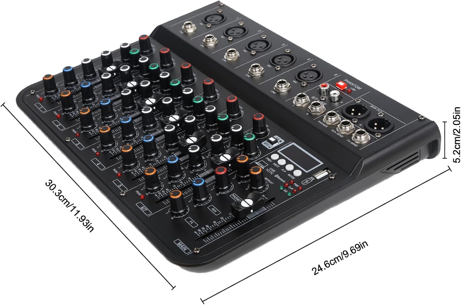 7 Channel mixer, DJ Mixer Board with Bluetooth and Usb, Audio Sound Card with Interface Recording and 48V Phantom Power, Sounds Mixer Board with FX Reverb Delay Effect for Streaming