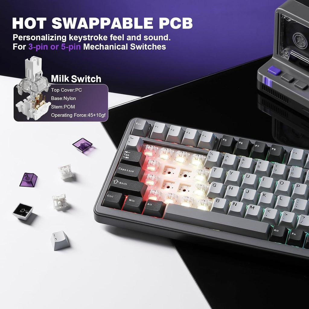 YUNZII B75 PRO Wireless Mechanical Keyboard,75% Layout with Knob,Hot Swap Gasket Structure,Creamy Pre-lubed Switches,RGB Backlit,Bluetooth/Type-C/2.4G for Win/Mac (Dark Grey, Milk Switch)