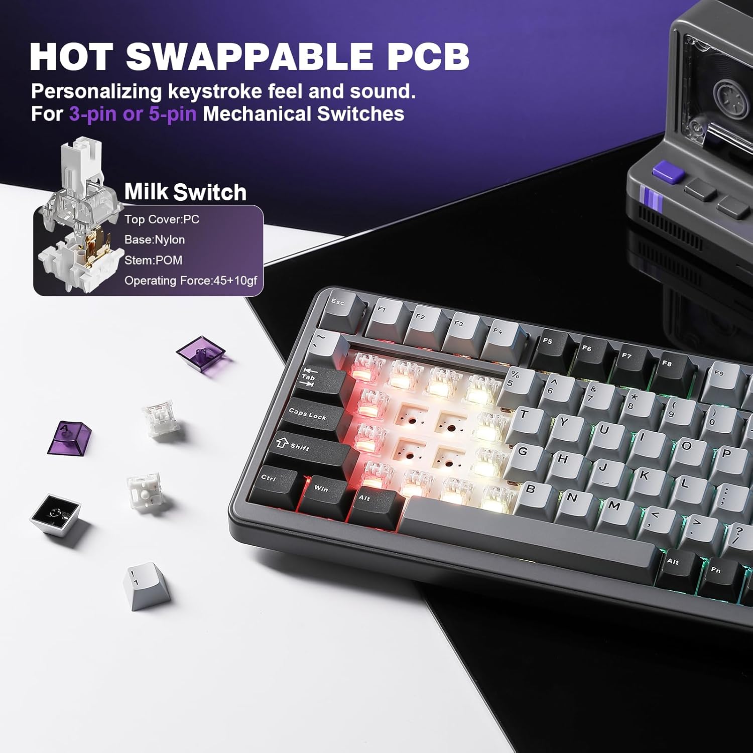 YUNZII B75 PRO Wireless Mechanical Keyboard,75% Layout with Knob,Hot Swap Gasket Structure,Creamy Pre-lubed Switches,RGB Backlit,Bluetooth/Type-C/2.4G for Win/Mac (Dark Grey, Milk Switch)