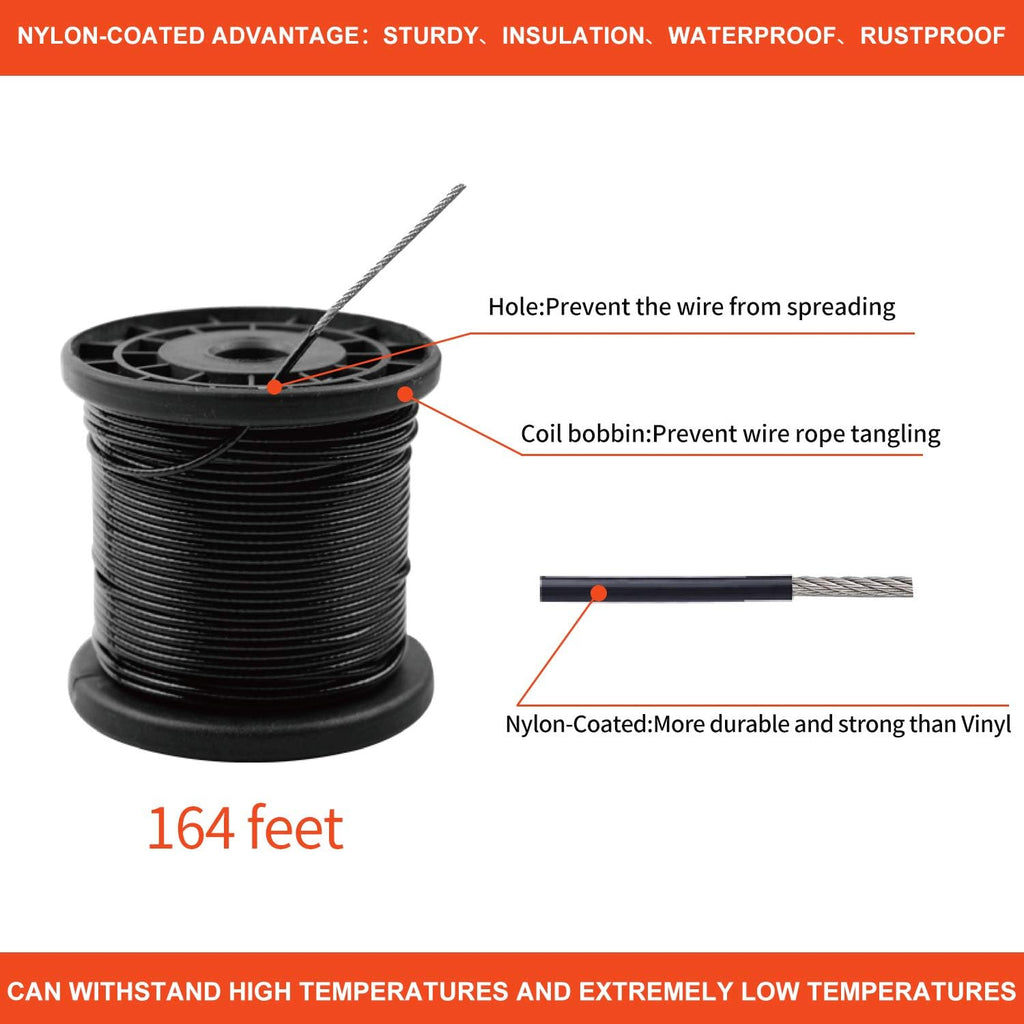 String Lights Hanging Kit,Globe String Lights Suspension Kit,Outdoor Light Guide Wire,Includ 164 FT Nylon-Coated Stainless Steel Wire Rope Cable,Turnbuckle and Hooks,Enough Accessories,Use Manual