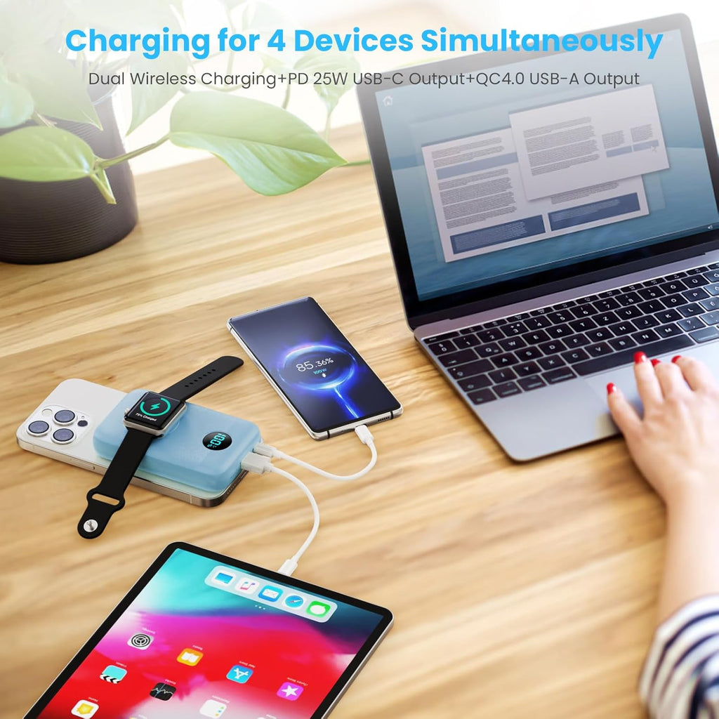 Magnetic Portable Charger for iPhone, 10800mAh 4-in-1 Wireless Power Bank with iWatch Charger, 25W PD Fast Charging Battery Pack for Magsafe, iPhone 16/15/14/13/12 Series, Apple Watch (Sky Blue)