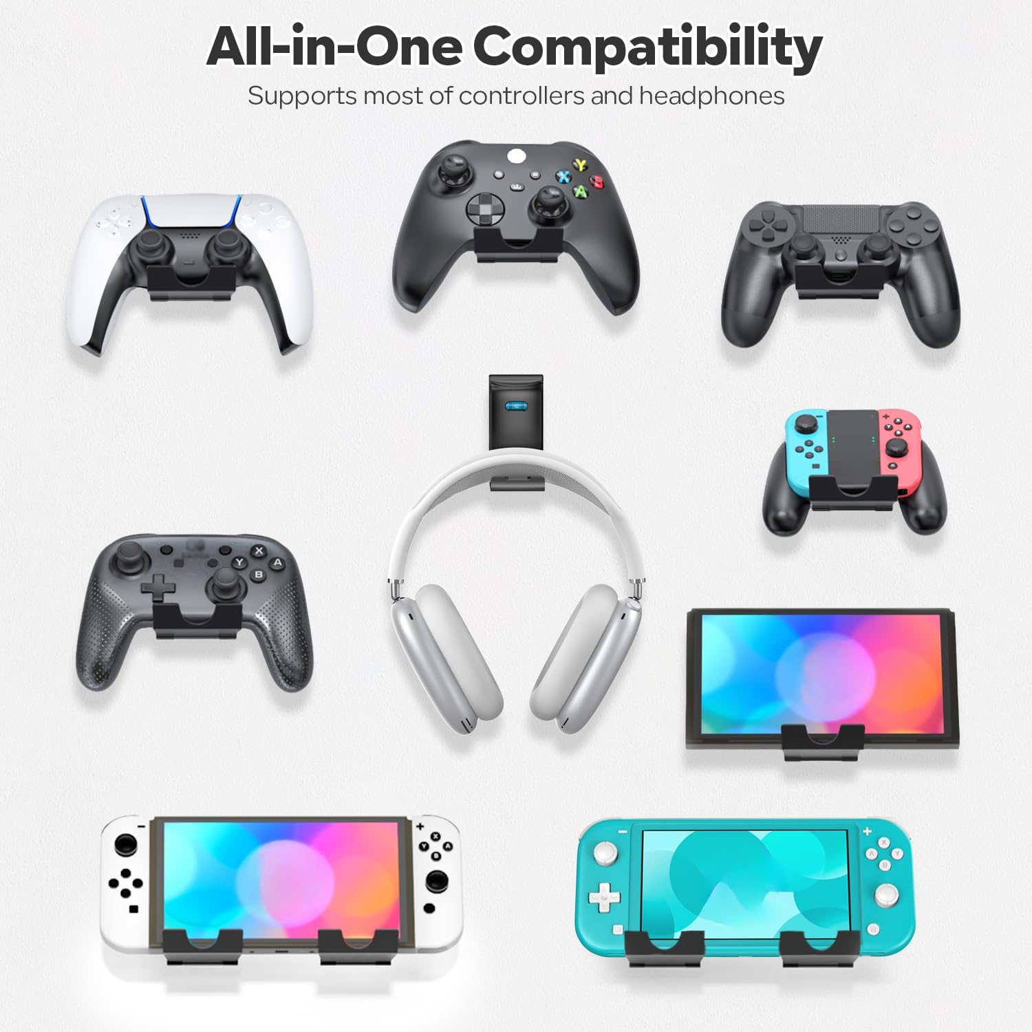 OIVO Controller & Headset Wall Mount Holder Stand, Foldable Headphone Stand, Gaming Controller Holder Hanger Hook, Universal Storage Organizer Controller/Earphone/Game Accessories-17 Packs