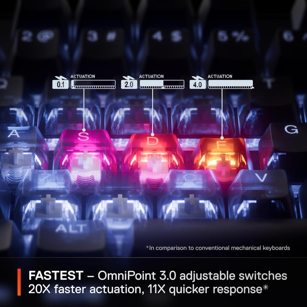 SteelSeries Apex Pro TKL Gen 3 OmniPoint 3.0 HyperMagnetic Switches — Adjustable Actuation — Rapid Trigger — Game-Ready Presets — Protection Mode — Rapid Tap/SOCD — OLED — RGB — PBT Keycaps — USB-C