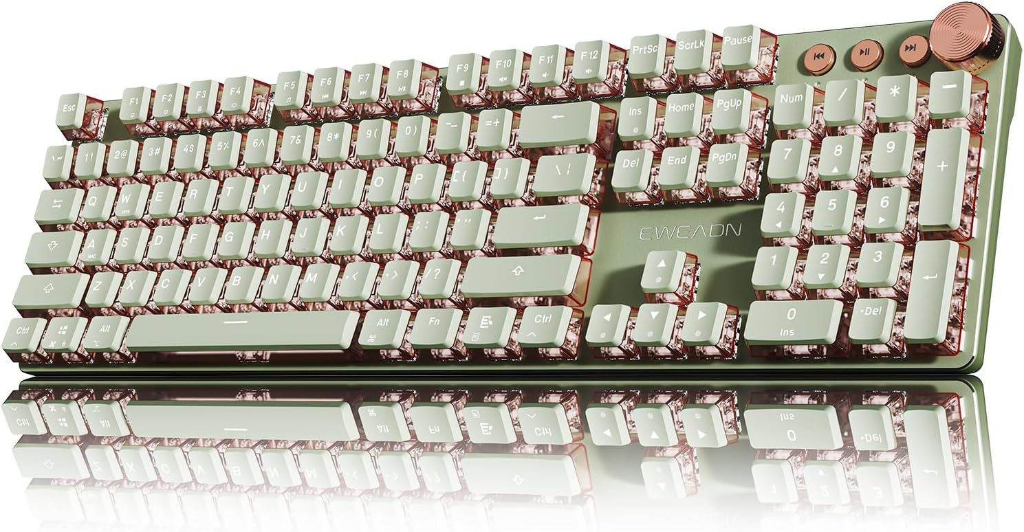 EWEADN V20 Wired Mechanical Keyboard, 104 Keys Backlit LED Keyboards, Media Control Knob, Wired Computer Keyboard Pink Switch for Windows/Mac/PC-Matcha Green