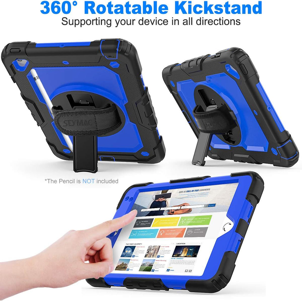 SEYMAC stock Case for iPad mini 5/4 with Screen Protector Pencil Holder [360 Rotating Hand Strap] & Stand, Drop-Proof Case for iPad mini 5th/4th Generation 7.9 inch (Blue+Black)