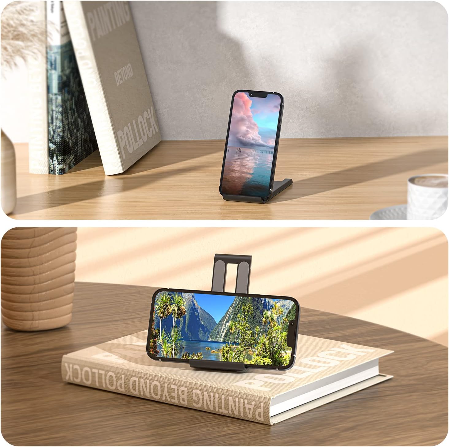 ESSAGER 2 Pack Foldable Mini Cell Phone Stand, Adjustable Mobile Phone Holder for Desk Compatible with iPhone/Kindles/Smartphones (Black)
