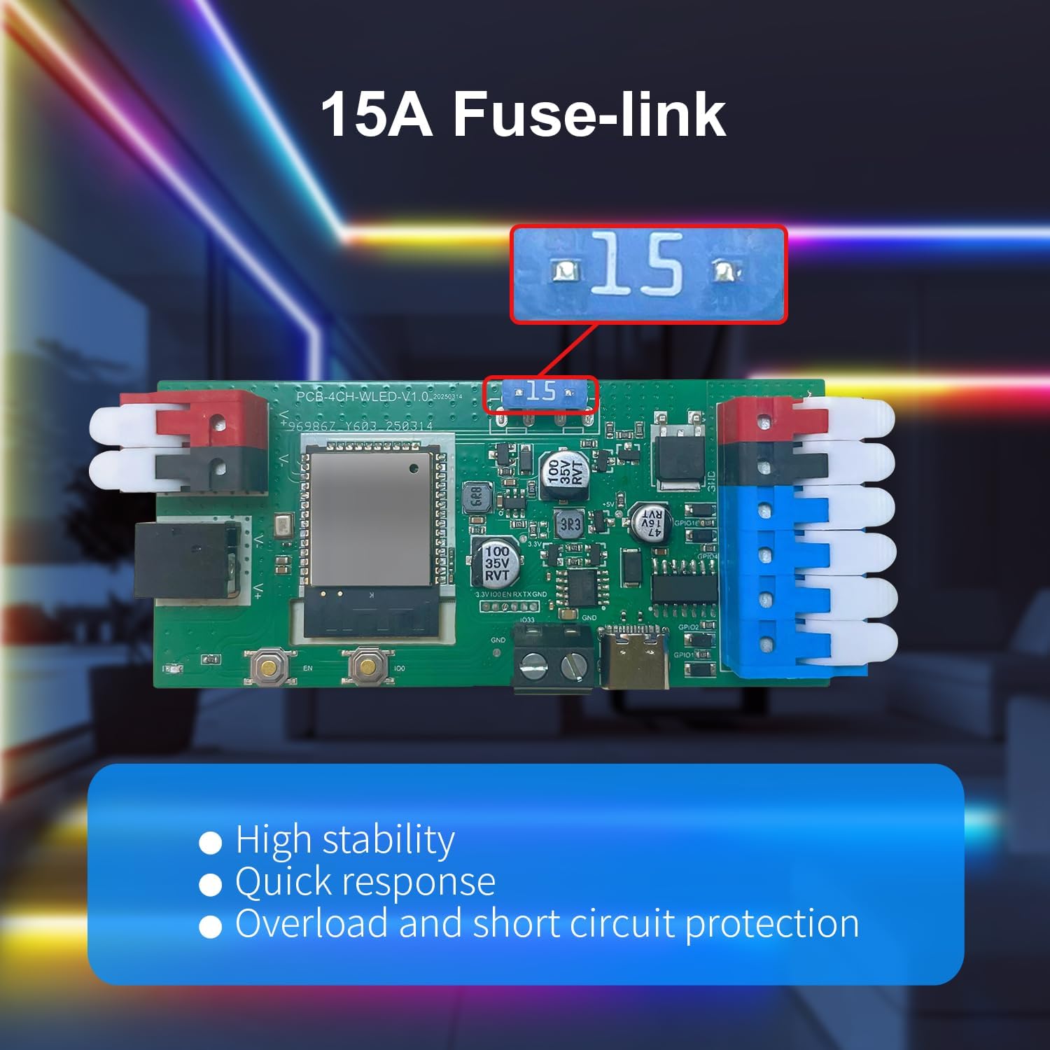 ESP32 WLED LED Strip Controller 4 Channel Outputs 15A Fuse Link TI Level Shifter UART Download DIY Dynamic Lighting Mode APP Control for Digital RGB IC WS2811 WS2812 WS2815 SK6812 etc