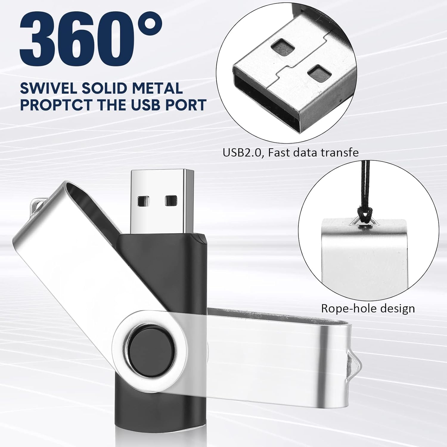 3 Pack 64GB USB Flash Drive with Type C Adapter and Storage Box USB 2.0 High Speed Metal Pen Drive 360° Rotatable Storage Memory Stick for Phone/Pad/PC/Laptop/Android - Black(3-Pack 64GB)