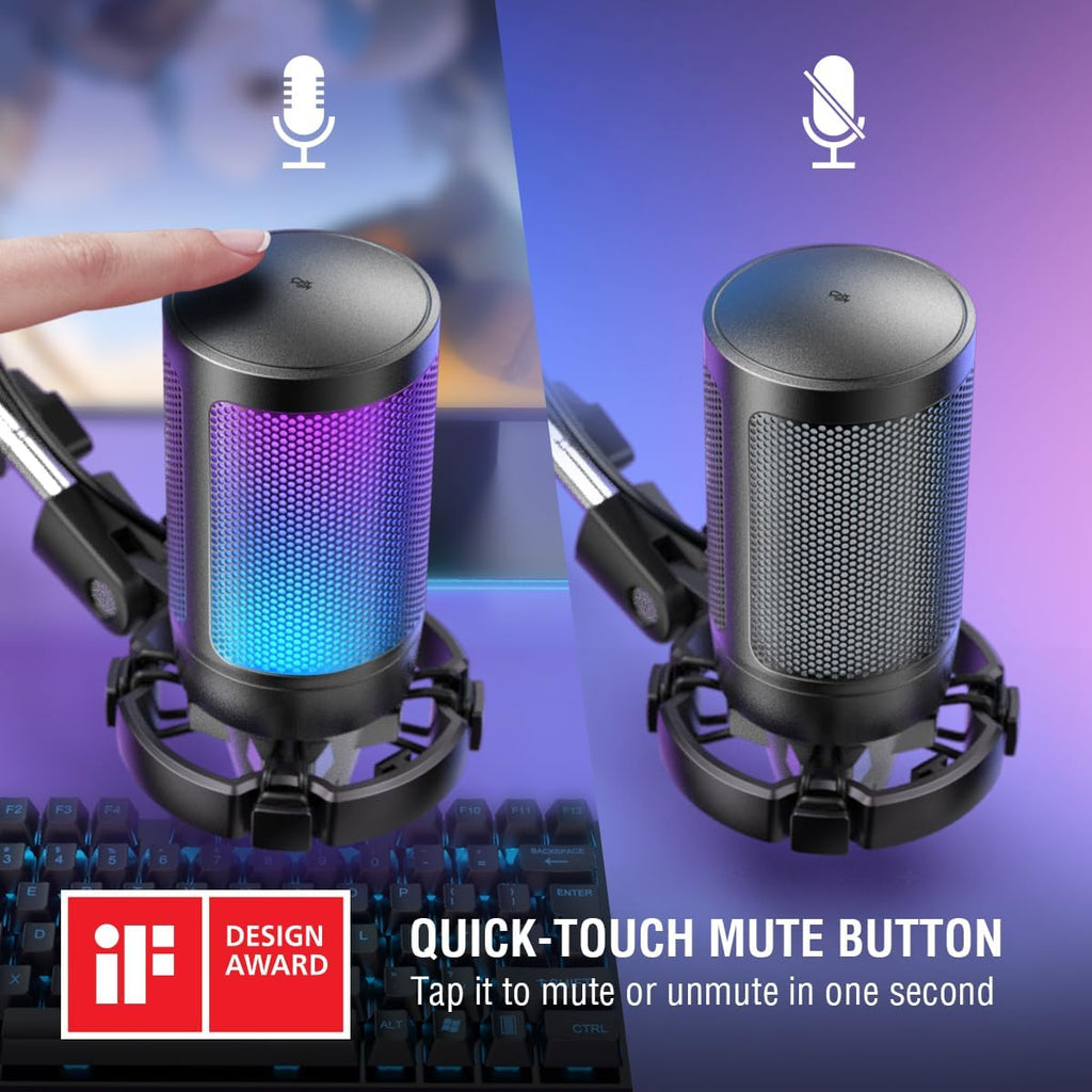 FIFINE Gaming PC USB Microphone, Podcast Condenser Mic with Boom Arm, Pop Filter, Mute Button for Streaming, Twitch, Online Chat, RGB Computer Mic for PS4/5 PC Gamer Youtuber-AmpliGame A6T