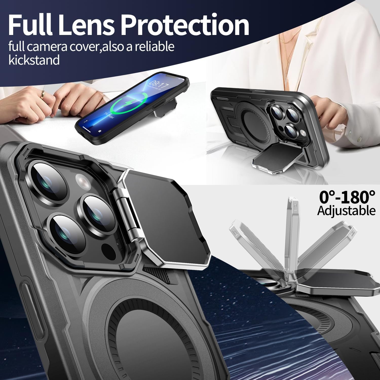 Camera Stand Case for iPhone 13 Pro, [Compatible with MagSafe] [Lens Cover] 2024 Version Military Grade Protective Soft Case for iPhone 13 Pro 6.1 inch Men Women, Black