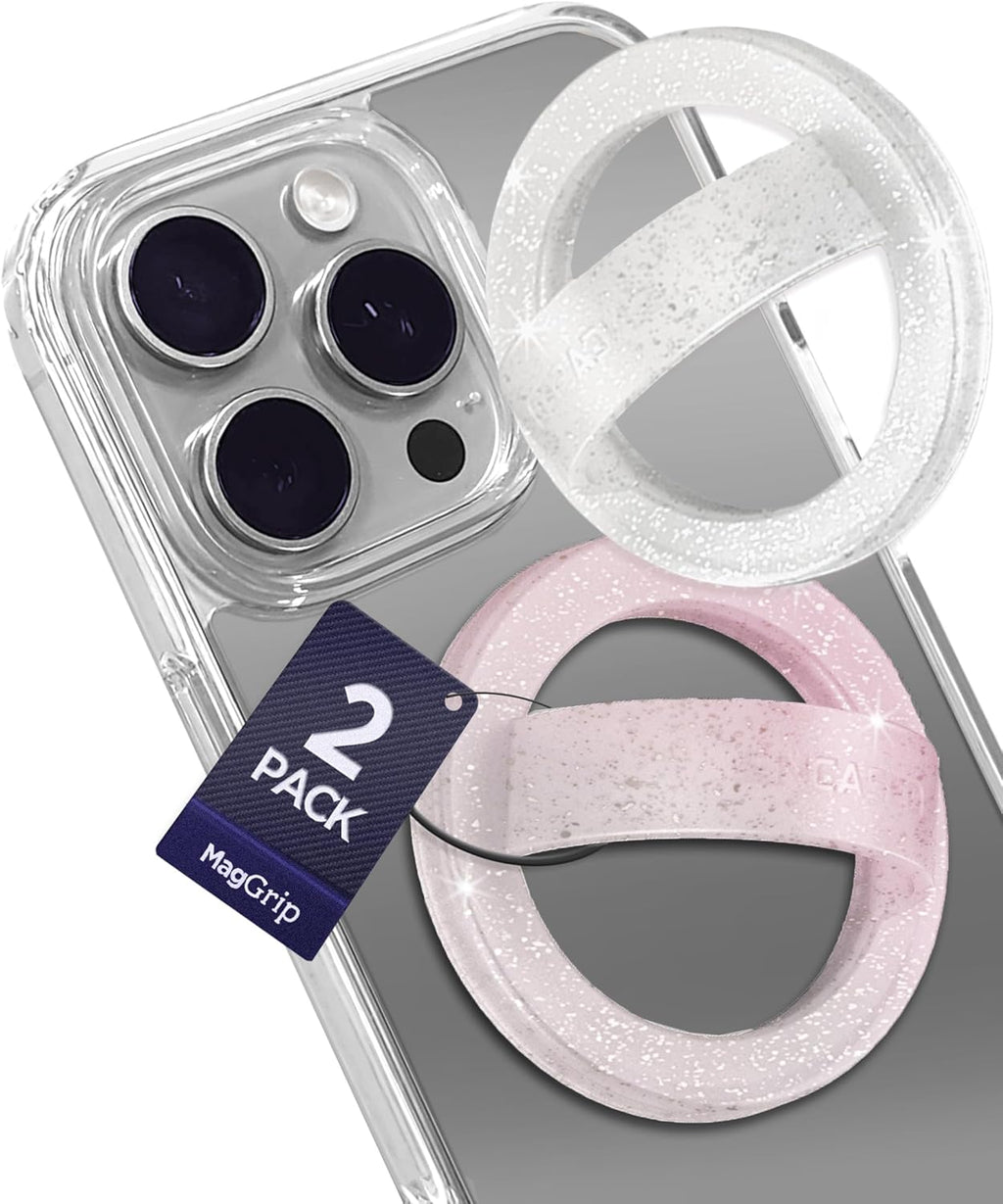 2-Pack Set, Cute Phone Holder Grips Compatible with MagSafe - Magnetic Finger Loops for iPhone, Comfortable SoftTouch Silicone, Secure Fit (Clear Sparkle/Gradient Pink)