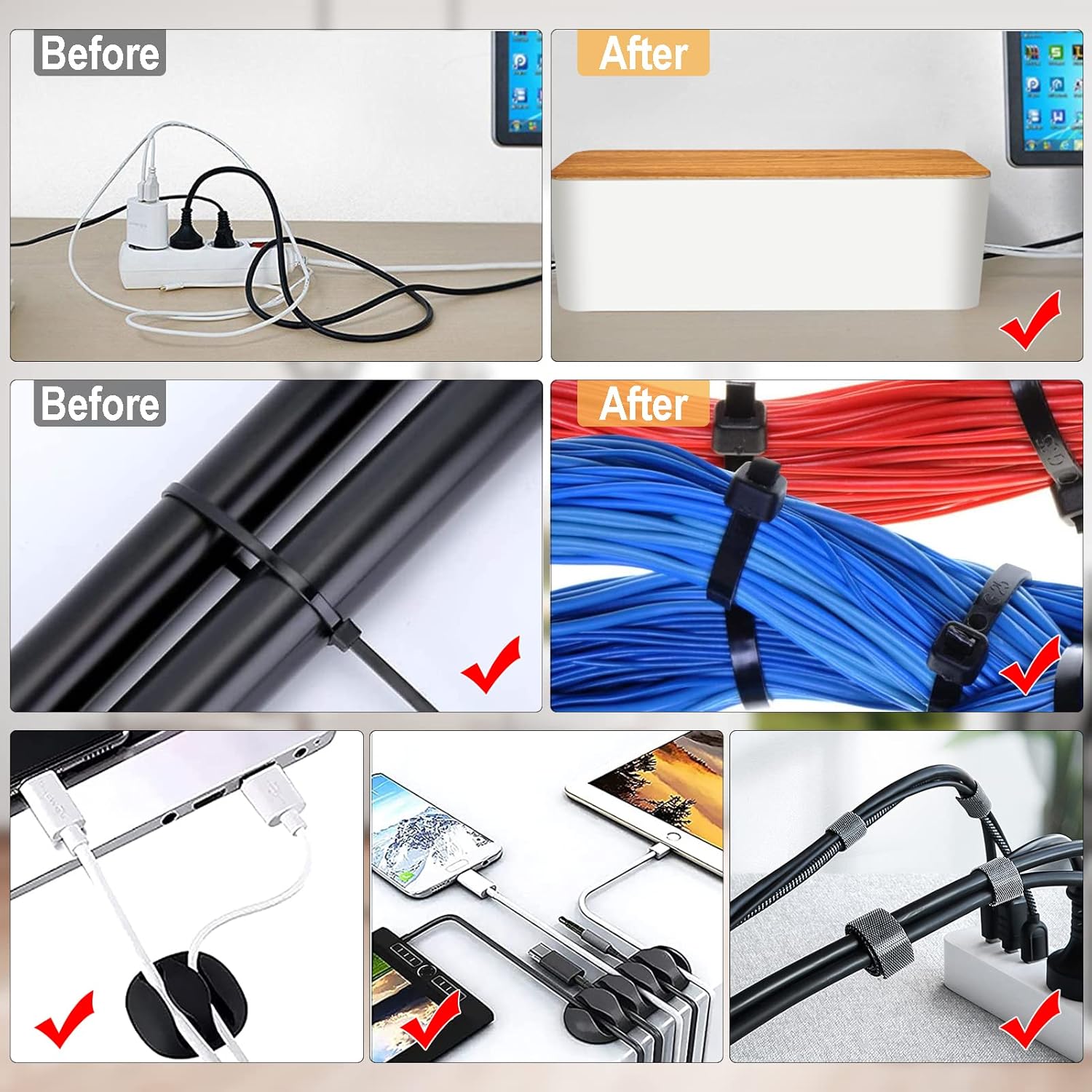 Cable Management Box 3 Pack with 125PCS Cable Management Kit for Power Strip to Hide Wires,Cord Organizer Boxes,Safe ABS Material Wire Organizer of Cable Clips Sleeve