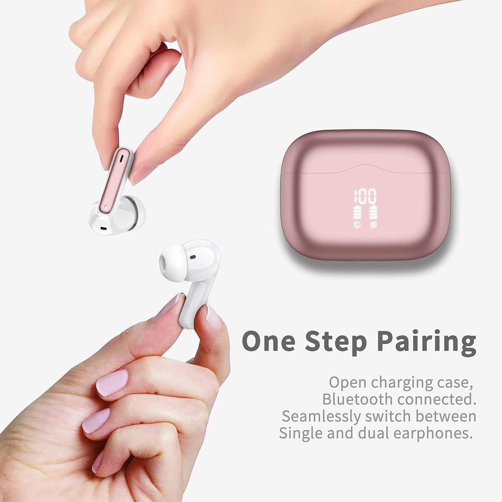 Wireless Earbuds, Bluetooth 5.4 Headphones in Ear with 4 ENC Noise Cancelling Mic, New Wireless Earphones HiFi Stereo Deep Bass 40H Playtime, In-Ear Bluetooth Earbuds LED Display IP7, USB-C, Rose Gold