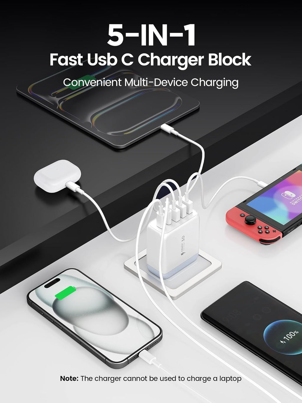 USB C Charger Block, Type C Charger Fast Charging,Total 50W 5-Port USB Wall Chargers Multiport Type C Charging Block Cube for iPhone 16 15 14 13 12 11 Pro Max XS, iPad, Samsung & More-White