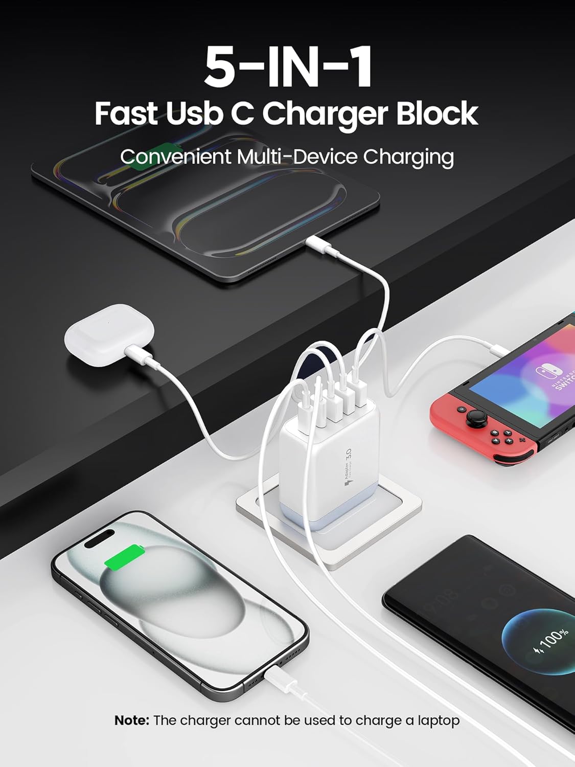 USB C Charger Block, Type C Charger Fast Charging,Total 50W 5-Port USB Wall Chargers Multiport Type C Charging Block Cube for iPhone 16 15 14 13 12 11 Pro Max XS, iPad, Samsung & More-White