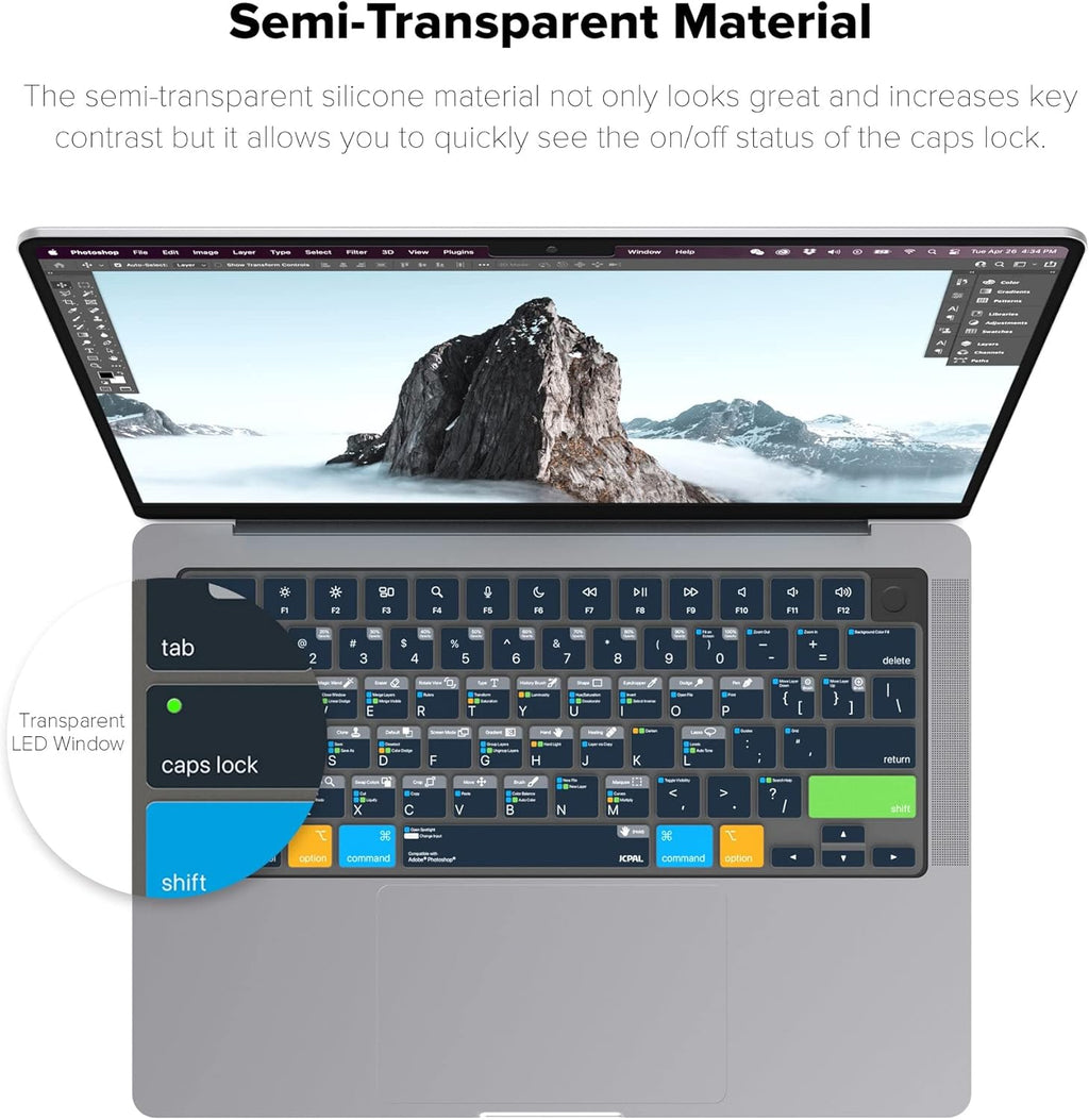 JCPal Adobe Photoshop Shortcut Guide Keyboard Cover for Apple MacBook Pro 14 inch and MacBook Pro 16 inch (M1-M4 Models) and MacBook Air 13 inch and MacBook Air 15 inch (M2-M4 Models) (US-Layout)