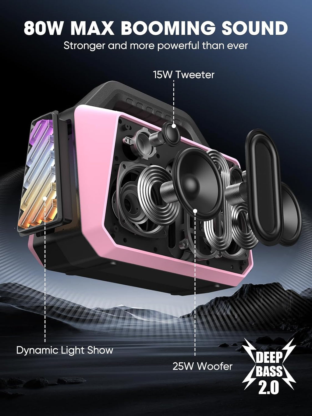 Wireless Bluetooth Speakers - Portable Speaker 80W Peak, 20H Playtime, Light Shows, Loud Speaker with Strong Bass, BT 5.3, TWS, IPX6 Waterproof for Home Travel Outdoor Beach Camping - Pink