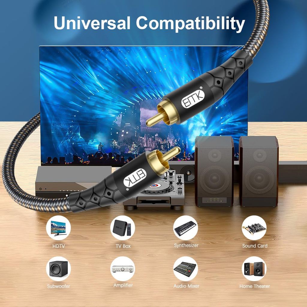 EMK RCA to RCA Subwoofer Cable – 24K Gold-Plated Connector Nylon Braided Double Shielded Audio Cable Digital&Analog Signal Support for Amplifiers Subwoofer Home Theater Hi-Fi Systems Black/3ft/1m