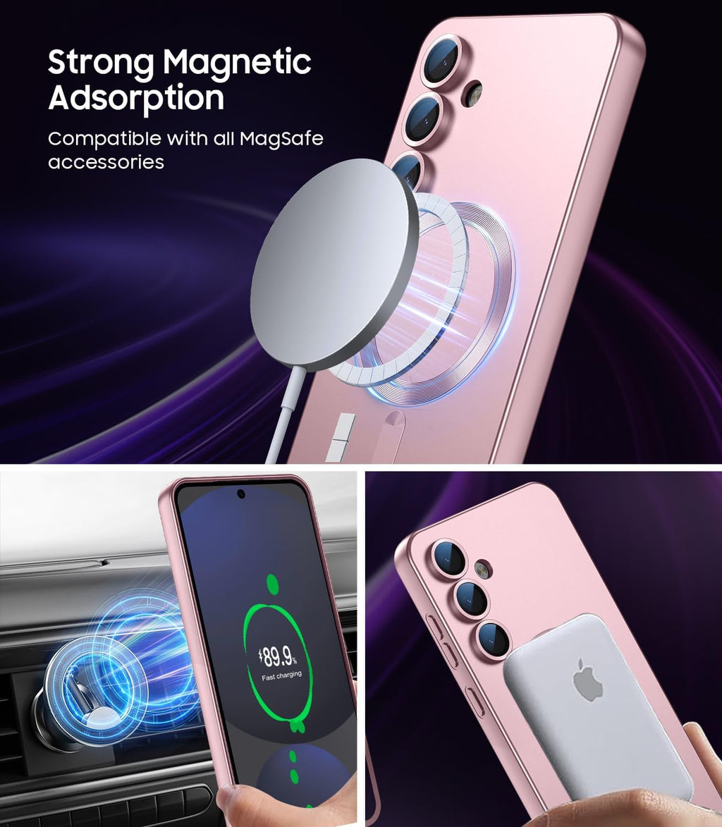 Magnetic for Samsung Galaxy S24 FE Case [Compatible with MagSafe][Built-in Camera Lens Protector] Slim Soft Silicone Bumper Shockproof Metallic Luster Phone Cover (Rose Gold)
