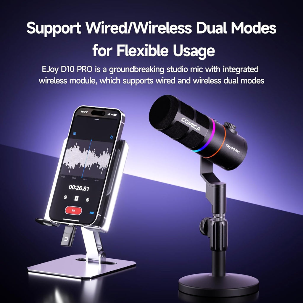 EJoy D10 PRO(D) Combo Dual-Channel Wireless USB Gaming Microphone – RGB Dynamic Mic with Wired/Wireless Modes, XLR/USB-C, Real-Time Monitoring, Studio Mic for Gaming, Streaming, Podcast, Recording