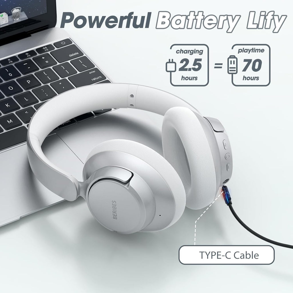 BERIBES Upgraded Hybrid Active Noise Cancelling Wireless Headphones with Transparent Modes,70H Playtime Bluetooth Headphones Wireless with Mic, Deep Bass,3.5MM Cable,Soft-Earpads,Fast Charging-Silver