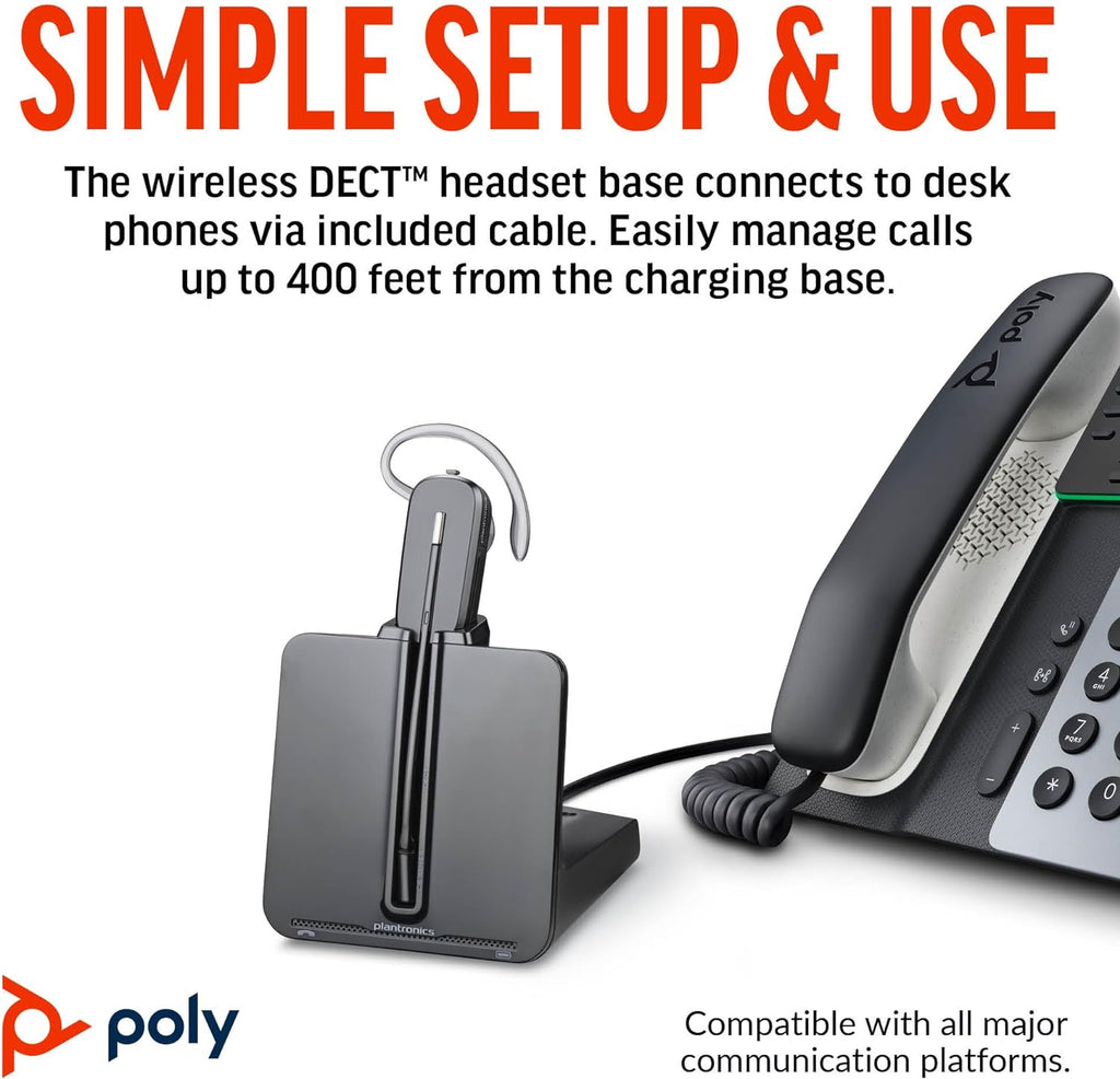 Poly CS540 Wireless DECT Headset with HL10 Lifter (Plantronics) - Single Ear (Mono) Convertible (3 wearing styles) - Connects to Desk Phone - Noise Canceling Microphone - Amazon Exclusive