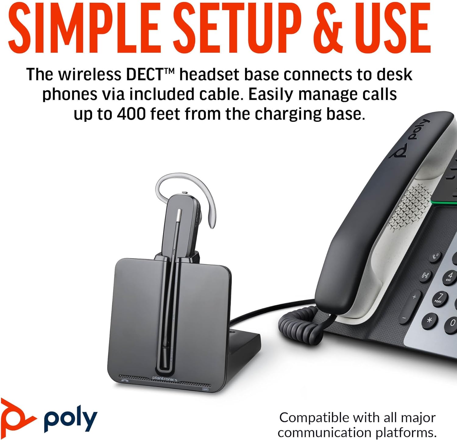Poly CS540 Wireless DECT Headset with HL10 Lifter (Plantronics) - Single Ear (Mono) Convertible (3 wearing styles) - Connects to Desk Phone - Noise Canceling Microphone - Amazon Exclusive