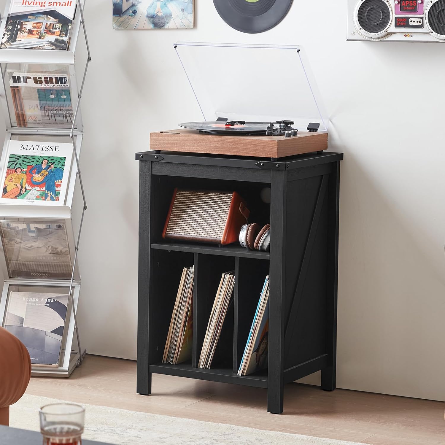 Record Player Stand with Vinyl Record Storage - Holds up to 160 Albums, Large Wooden Turntable Table, Black Cabinet Display Shelf for Living Room, Bedroom, Office