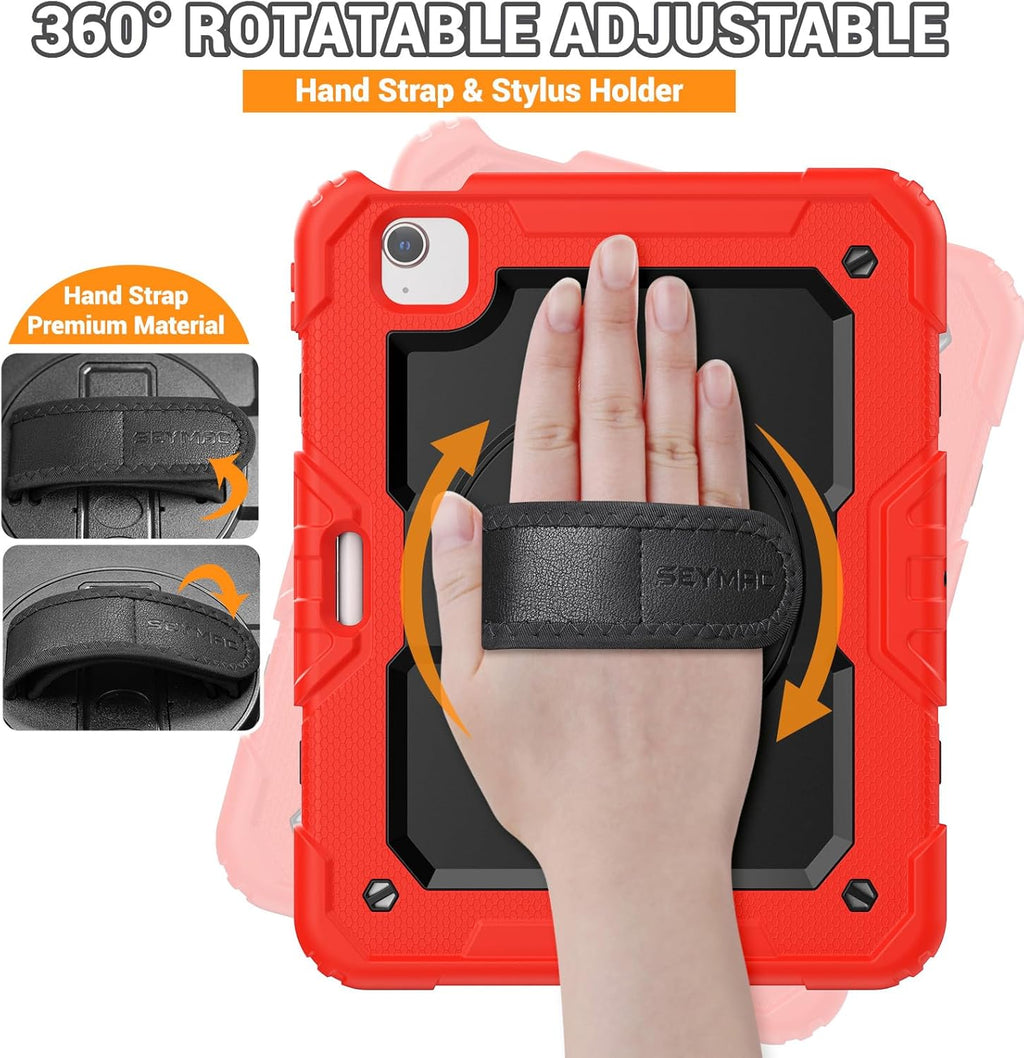 SEYMAC for iPad Air 5th/4th Generation Case 10.9 Inch, Full-Body Heavy Duty Protective Case with Rotating Stand, Screen Protector and Hand/Shoulder Strap for Air 5/ Air 4, Red