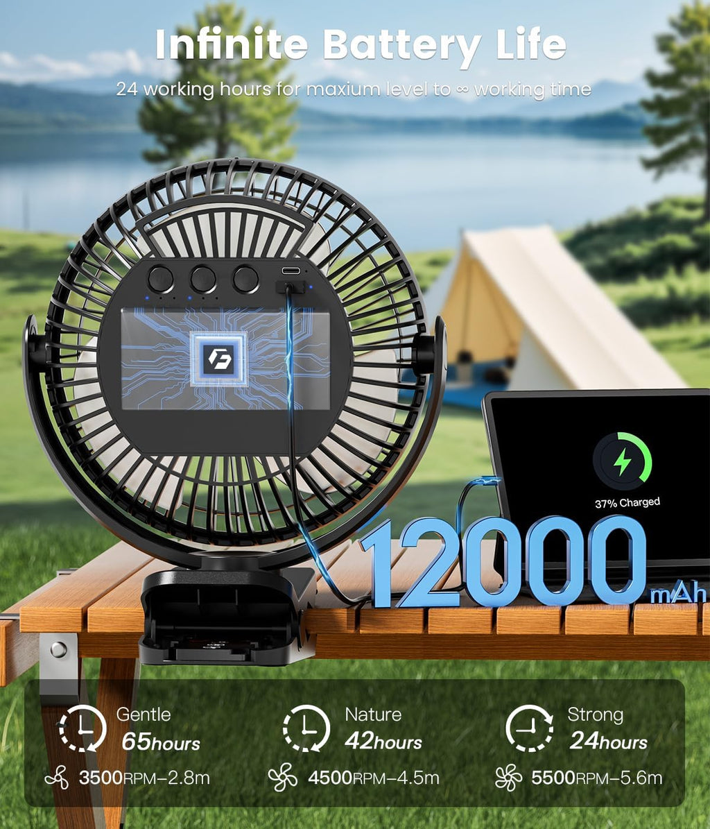 8-inch Clip-on Fan - 12000mAh Portable Rechargeable Battery With 3 Speeds and Strong Airflow, USB Small Desk Personal Quiet for Office, Stroller, Bedroom and Camping