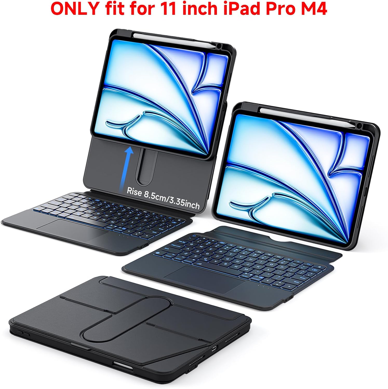 ONLY fit for 2024 M4 iPad Pro 11 inch Case with Keyboard Detachable Magic Keyboard Trackpad, 360 Rotating Cover with Pencil Holder Multi Angle Stand, 12 Shortcut Key, 7 Color Backlit, Black