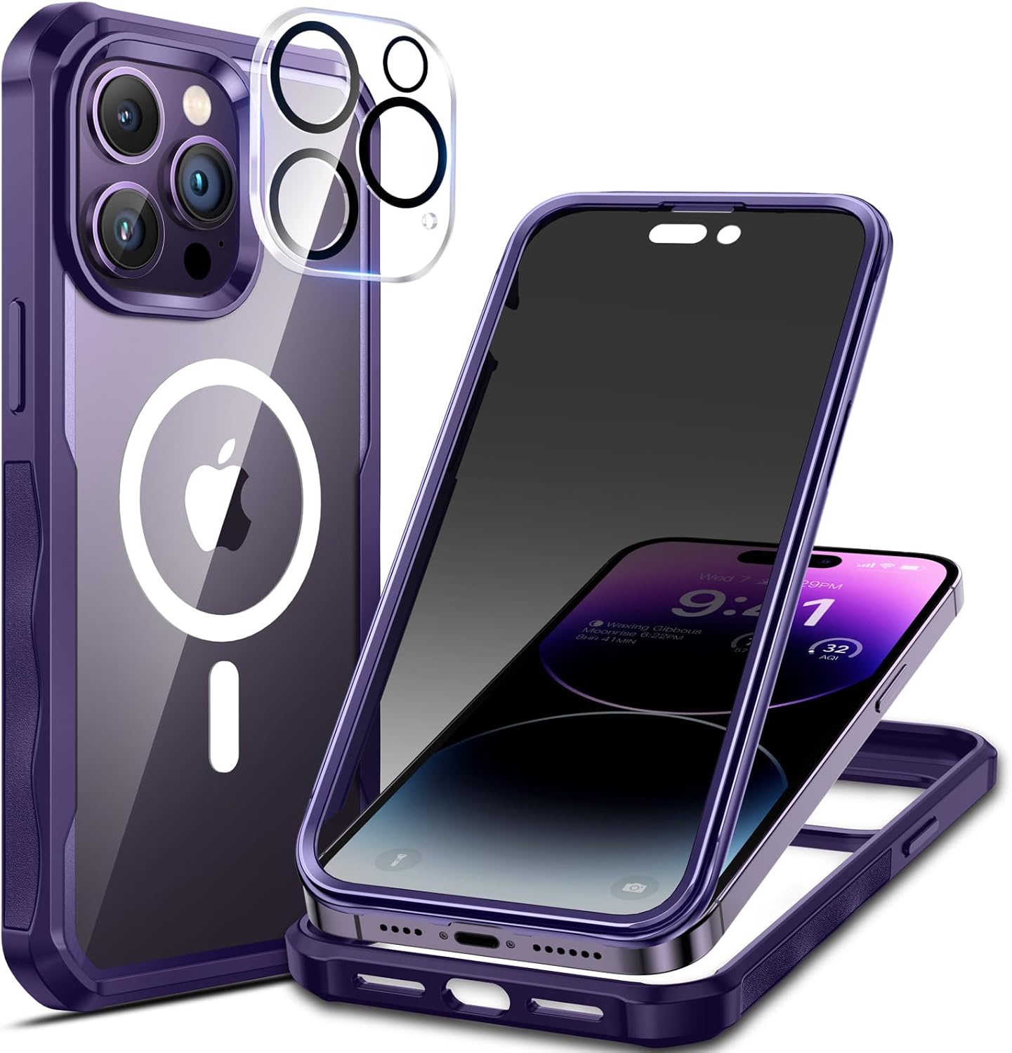 seacosmo for iPhone 14 Pro Max Case, Full Body Bumper with Built-in 9H Tempered Glass Privacy Screen Protector and Camera Lens Protector, Compatible with MagSafe, Shockproof Phone Cover, 6.7", Purple