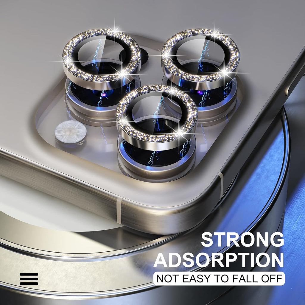Choiche Compatible for iPhone 15 Pro/iPhone 15 Pro Max Camera Lens Protector Bling, 9H Tempered Glass Camera Cover Screen Protector Metal Ring Decoration Accessories (Glitter-Titanium Gray)