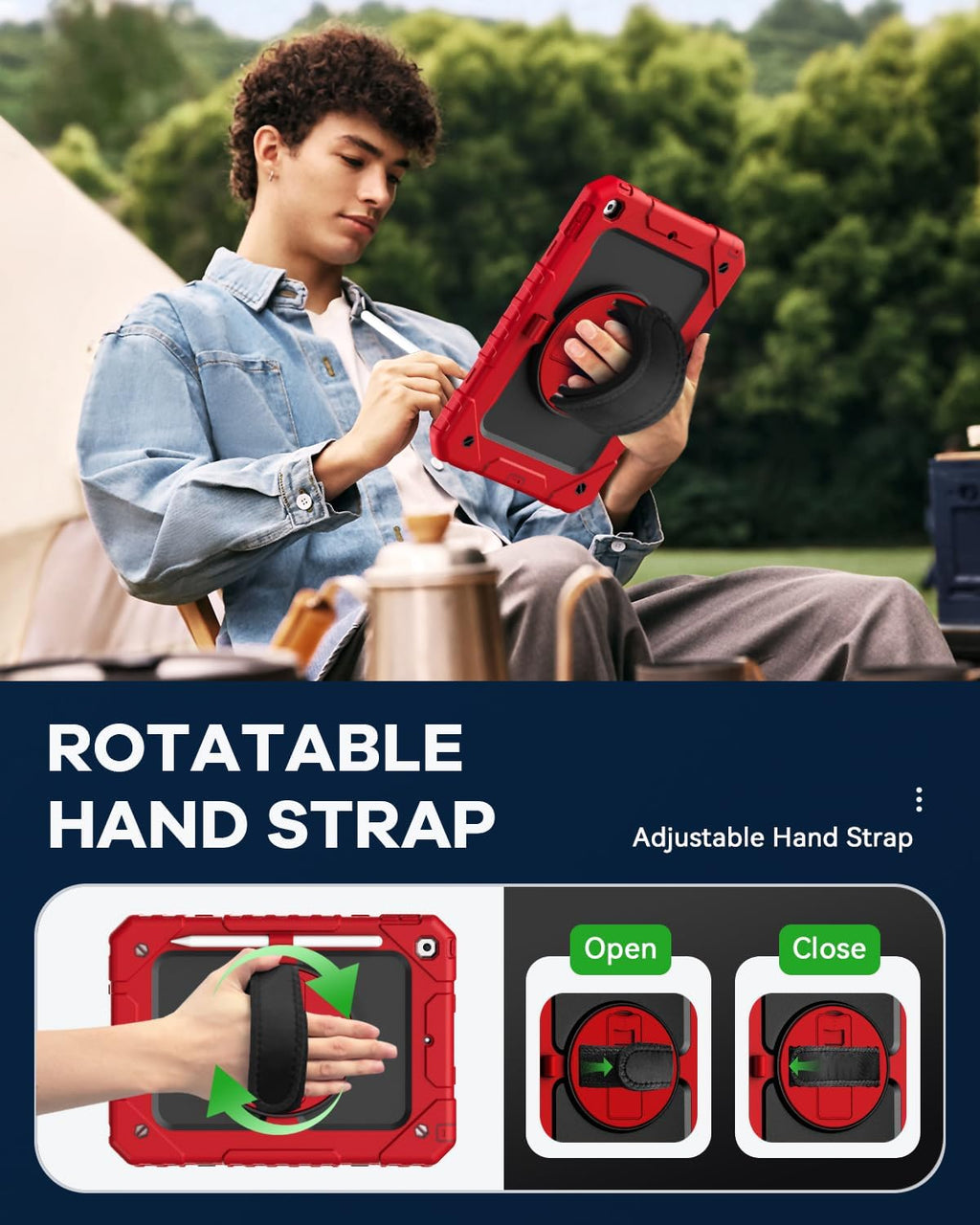 Cantis Case for iPad 9th/8th/7th Generation with Screen Protector, iPad 10.2 Case 2021/2020/2019 with 360 Degree Rotating Stand/Shoulder Strap/Pencil Holder, Red